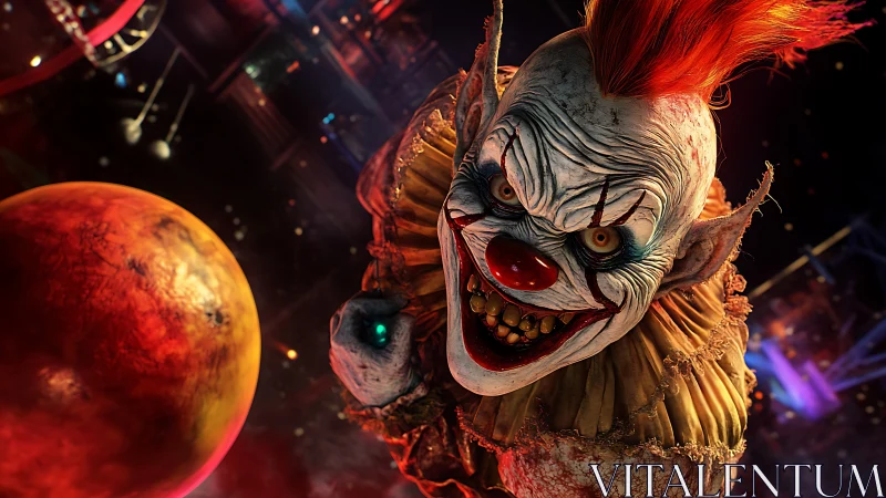 Photorealistic demonic clown close-up with carnival lighting.