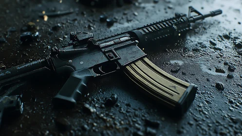 Midnight rifle rests quietly on rain-slick battlefield floor