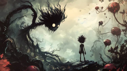 Child of shadows meets gentle monster in misty dreamland.