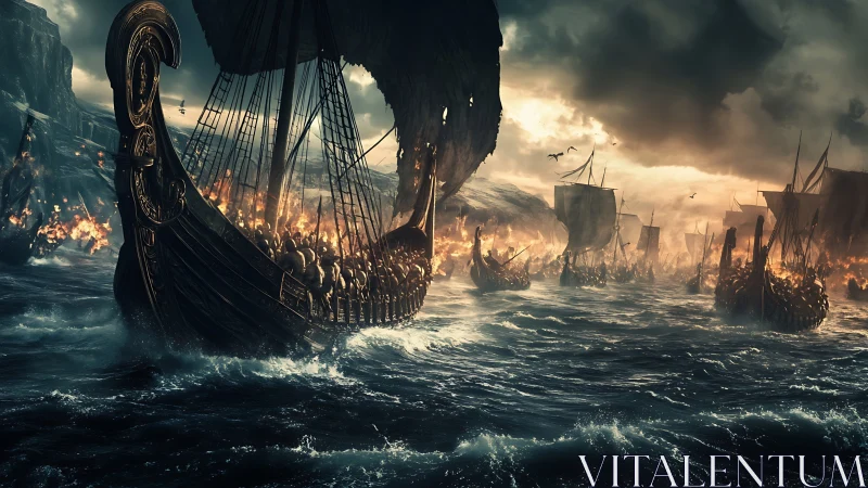 Storm-lit Viking longships charge toward a burning shore.