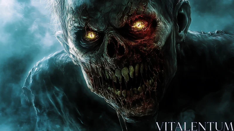 Rotting zombie head glares through toxic teal fog