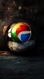 Chrome emblem sphere glows against dark textured stone.