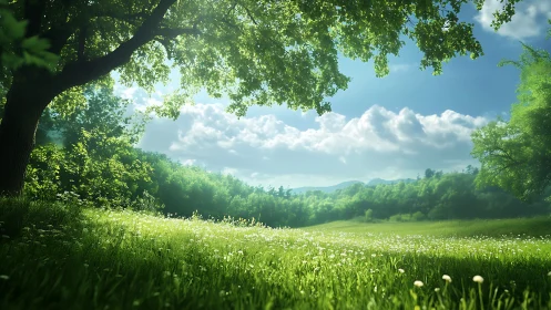 Sunlit meadow hush beneath a generous summer canopy.