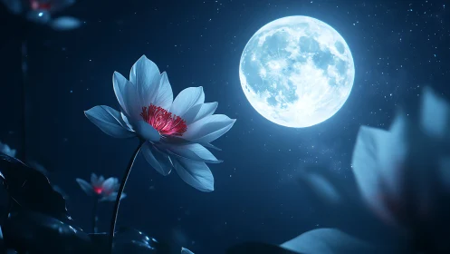 Moonlit lotus blossoms basking in a gentle midnight glow.