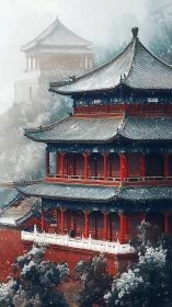 Multi-tiered East Asian temple in mist with snowfall.
