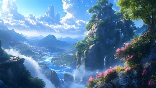 Digital landscape render depicts river valley with cliffs and clouds