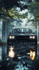 Classic black muscle car glows through misty forest road.