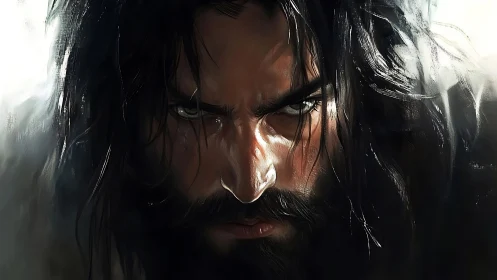 Storm-lit warrior glares forward, carved from shadow and fire