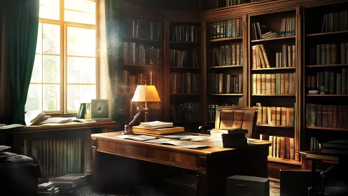 Sunlit scholar&rsquo;s library with papers scattered on desk.