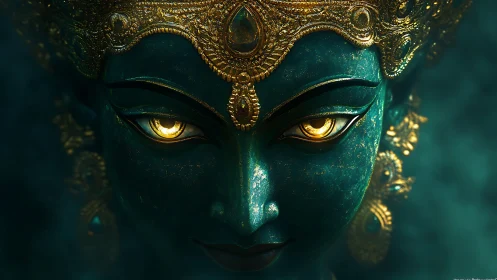 Digital painting of jeweled goddess mask with luminous gaze.