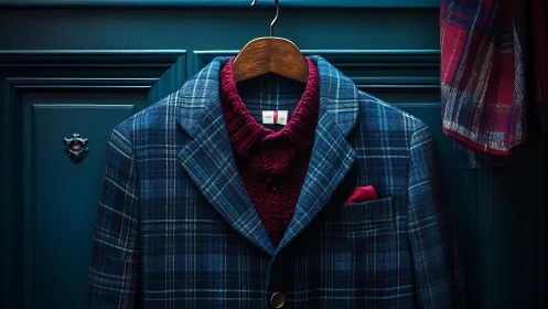 Plaid blazer styled display against teal door.