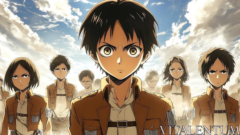 Determined anime cadets march forward under radiant skies.