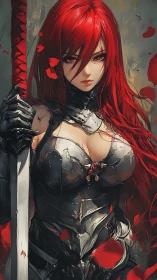 Red-haired armored swordswoman rendered in dynamic painterly detail