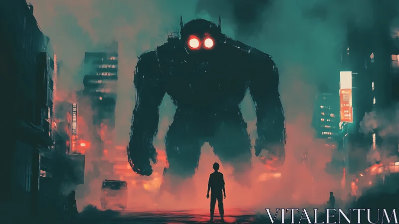 Lone figure confronts colossal robot in neon fogged city street