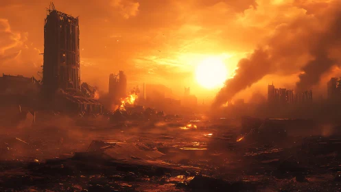 Urban skyline appears destroyed under intense orange sunset
