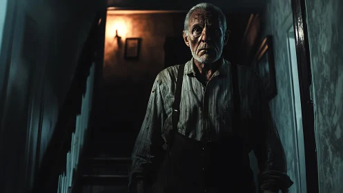 Haunted stairwell patriarch under a lone, flickering memory light.