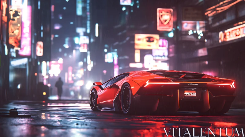 Low-angle neon-lit supercar render under reflective wet asphalt