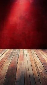 Scarlet studio wall leans into light above worn timber stage