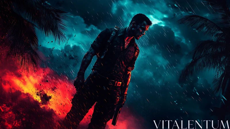 Action hero silhouette amid storm, fire, neon sky clash.