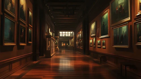 Grand gallery corridor glows in warm late-afternoon light.