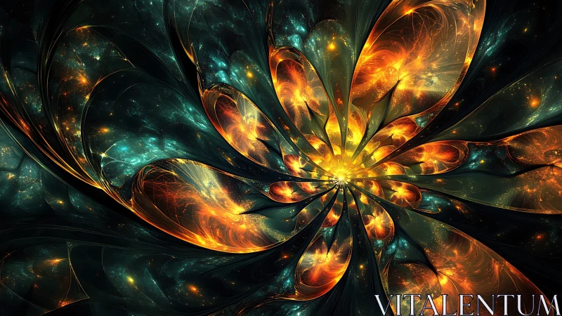 Radial fractal structure with luminous orange and teal filaments