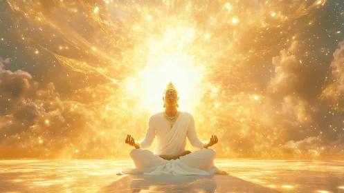 Enlightened yogi radiates cosmic golden energy burst