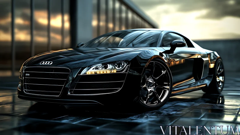 Black Audi sports car on wet rooftop at sunset.