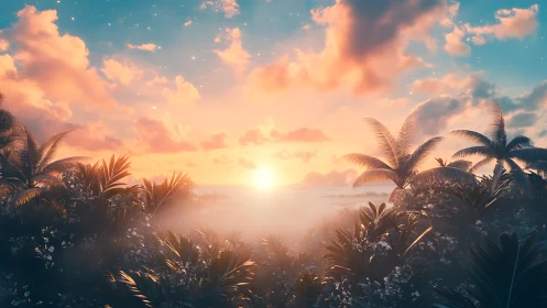 Tropical sunrise over misty palms and dense foliage scene.