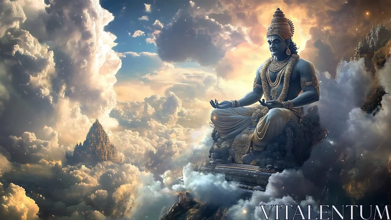 Colossal blue deity meditating on ornate throne amid clouds
