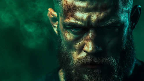 Grit and Green Glow: Portrait of Unshakable Determination.