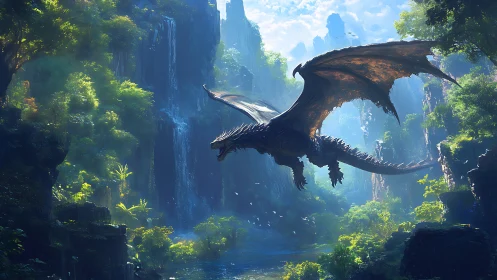 Winged dragon over dense tropical canyon with waterfalls.