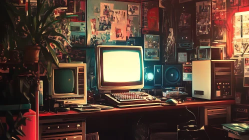 Glowing retro monitors orchestrate a neon soaked hacker shrine