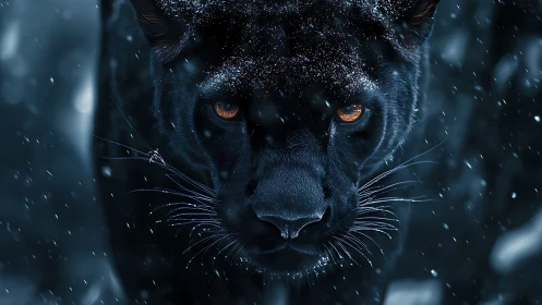 Black Panther with Glowing Amber Eyes in Snowfall.
