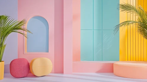 Geometric pastel interior scene with plants and seating.