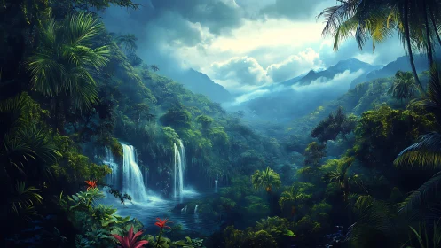 Lush tropical basin with tiered waterfalls under diffused blue light