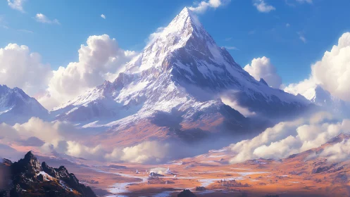 Snow-covered mountain peak dominates wide open valley