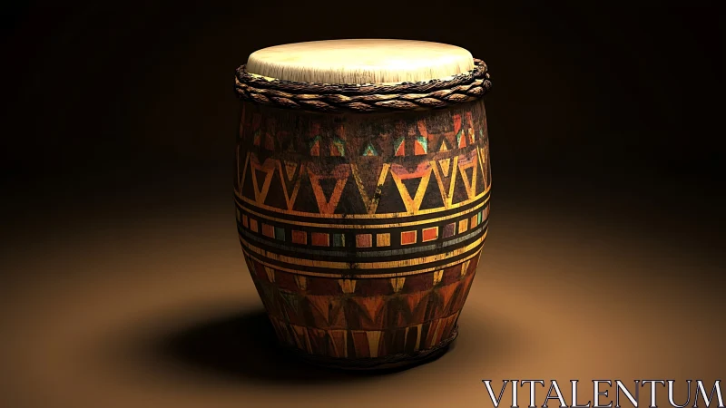 Tribal barrel drum under spotlight with warm earthy glow.
