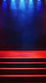Red stage platform glows under blue theatrical spotlights