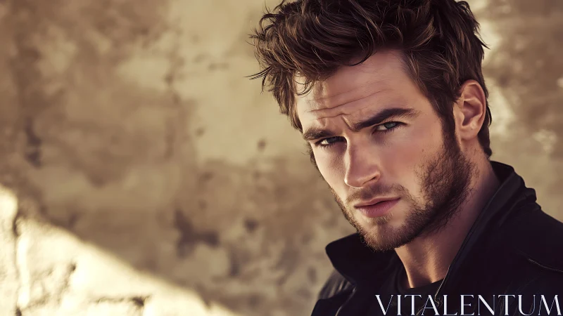 Intense closeup portrait of rugged man in leather jacket.