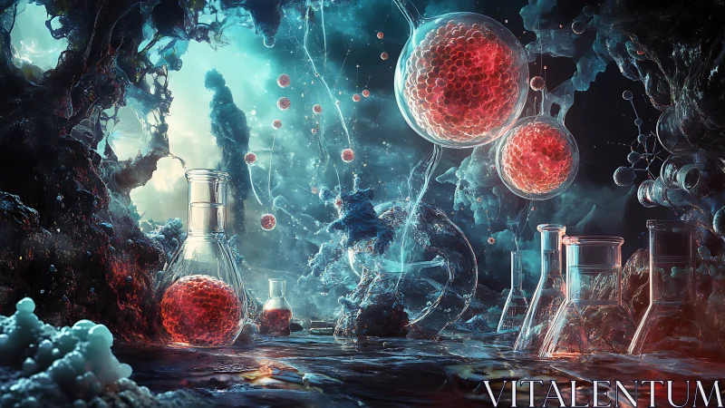 Bioluminescent lab orbs in surreal underwater experiment.