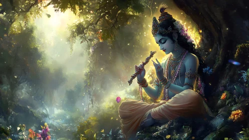 Divine blue figure playing flute in glowing forest grove.