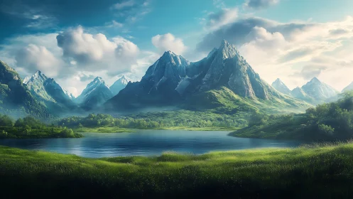 Mountain lake landscape under soft daylight clouds.