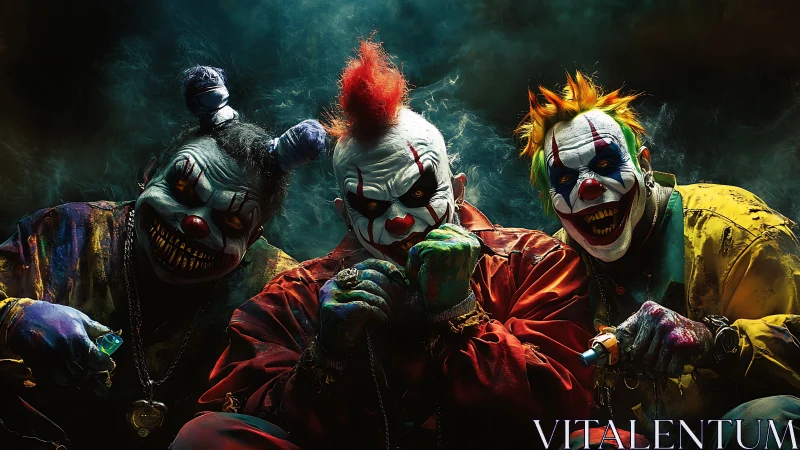 Sinister neon clowns in dark cinematic portrait.