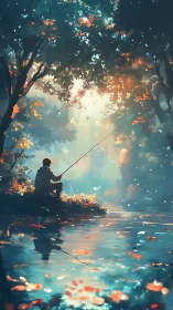 Lone dreamer fishing in painted forest light by still water.