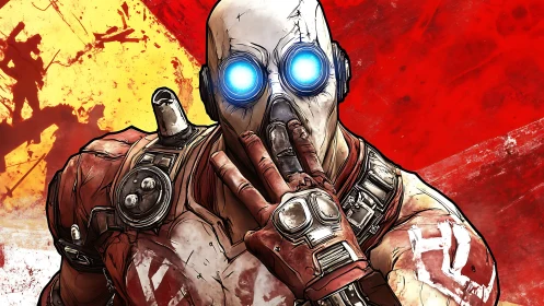 Masked psycho warrior with glowing eyes amid red chaos