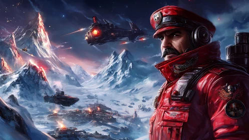 Red-coated commander surveys war-torn icy battlefield.