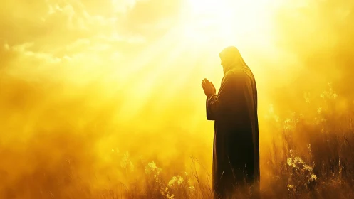 Golden sunrise prayer in a peaceful glowing meadow.