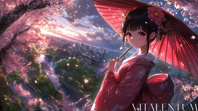 Girl in pink kimono under cherry blossoms at sunset.