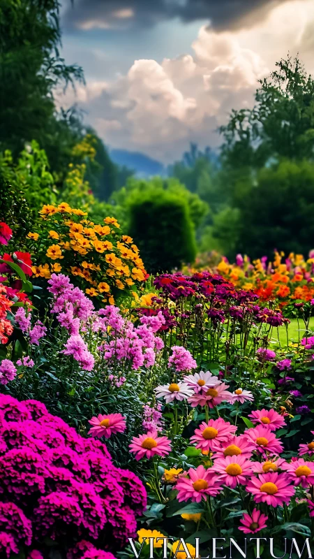 Mountain Valley Flower Garden with Layered Vegetation.