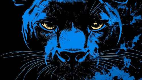 Blue Panther Face with Golden Eyes and Black Mane